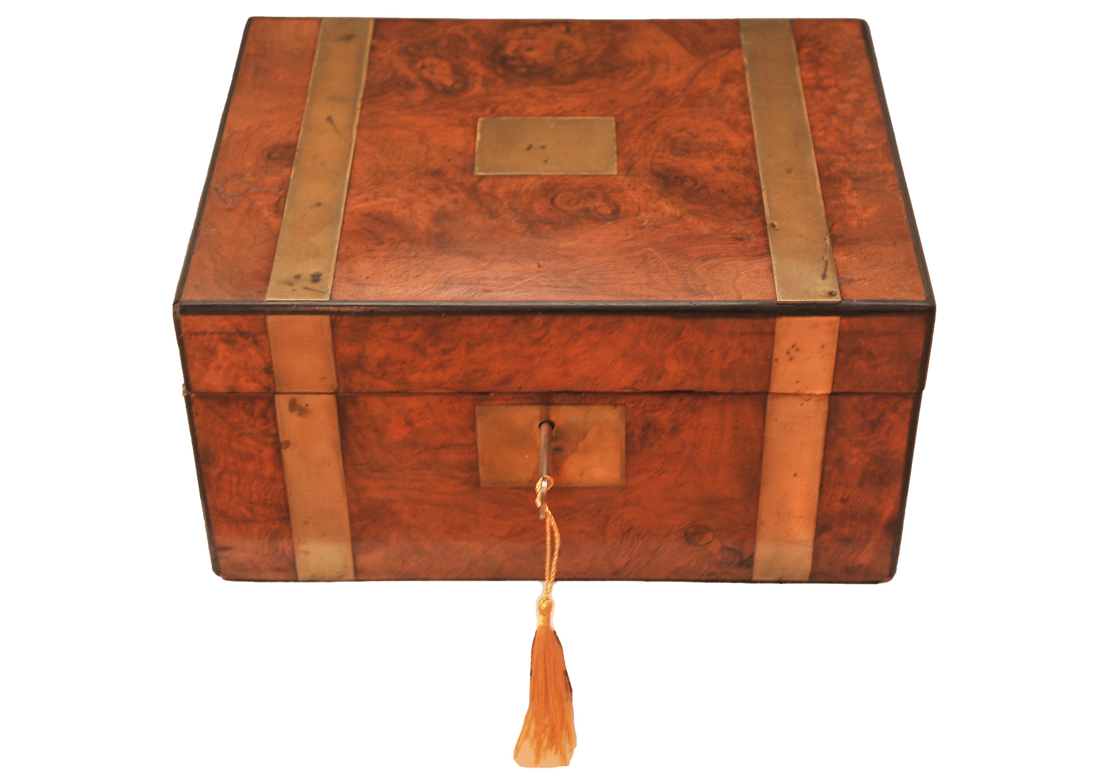 Victorian Military Campaign Burr Walnut, Brass Writing Slope & Leather Interior For Sale 5