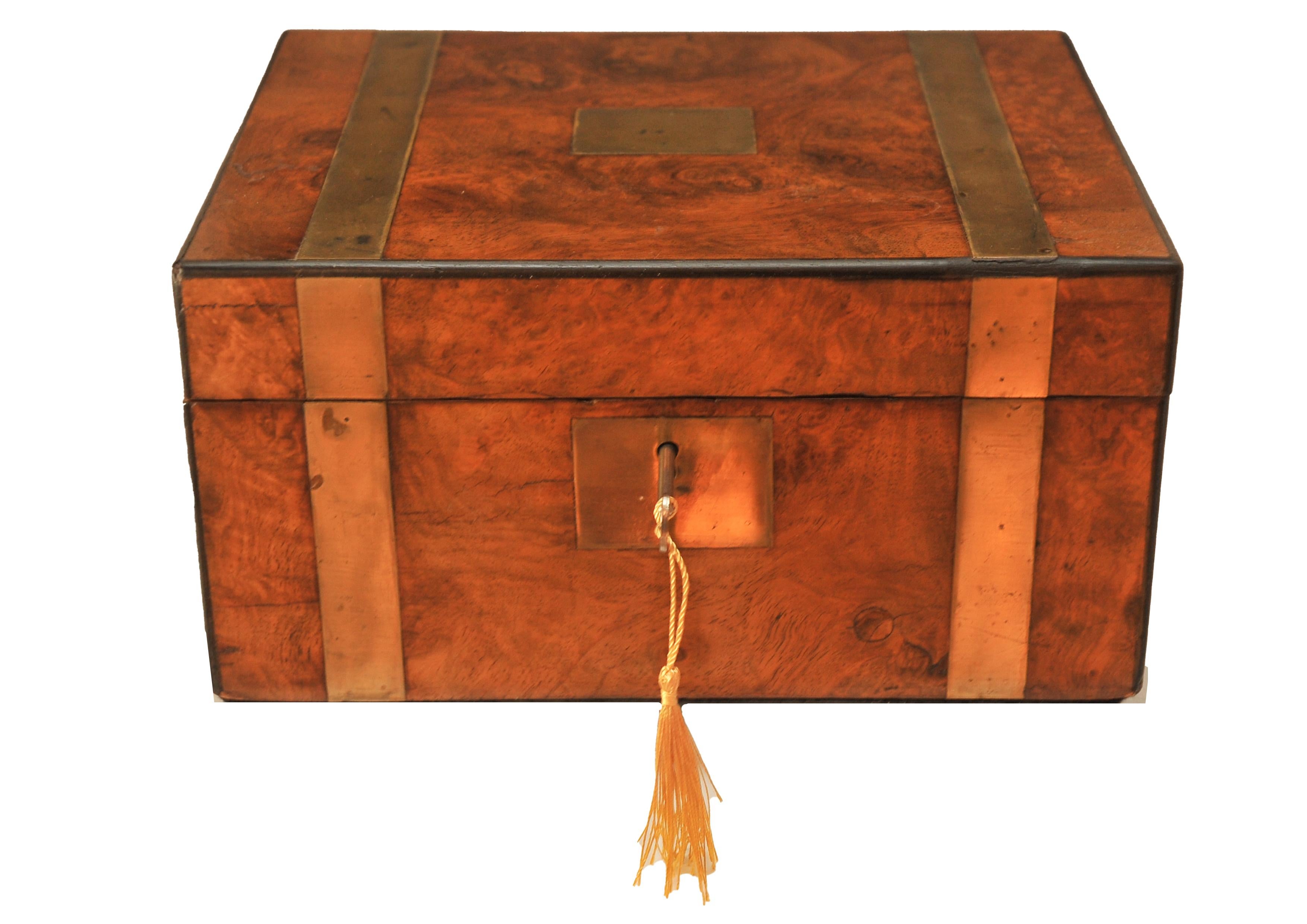 British Victorian Military Campaign Burr Walnut, Brass Writing Slope & Leather Interior For Sale