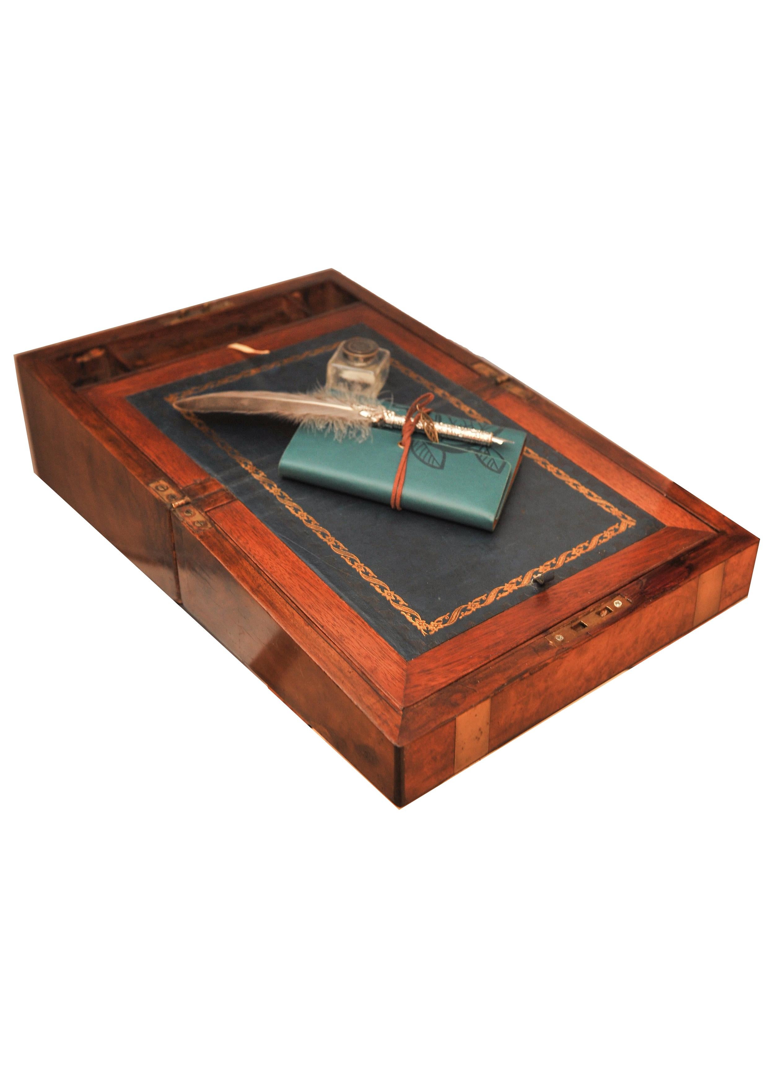 19th Century Victorian Military Campaign Burr Walnut, Brass Writing Slope & Leather Interior For Sale