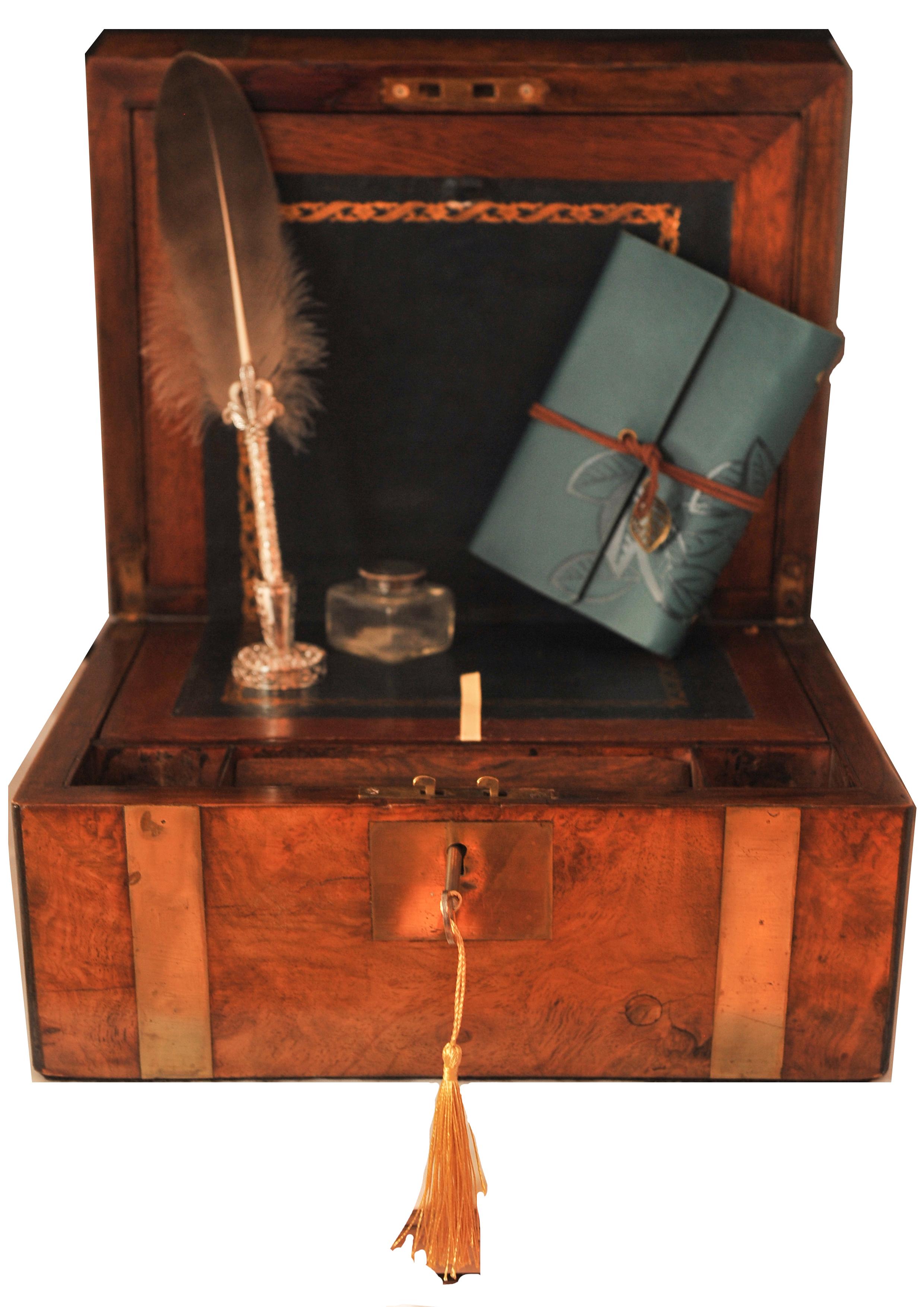 Victorian Military Campaign Burr Walnut, Brass Writing Slope & Leather Interior For Sale 2