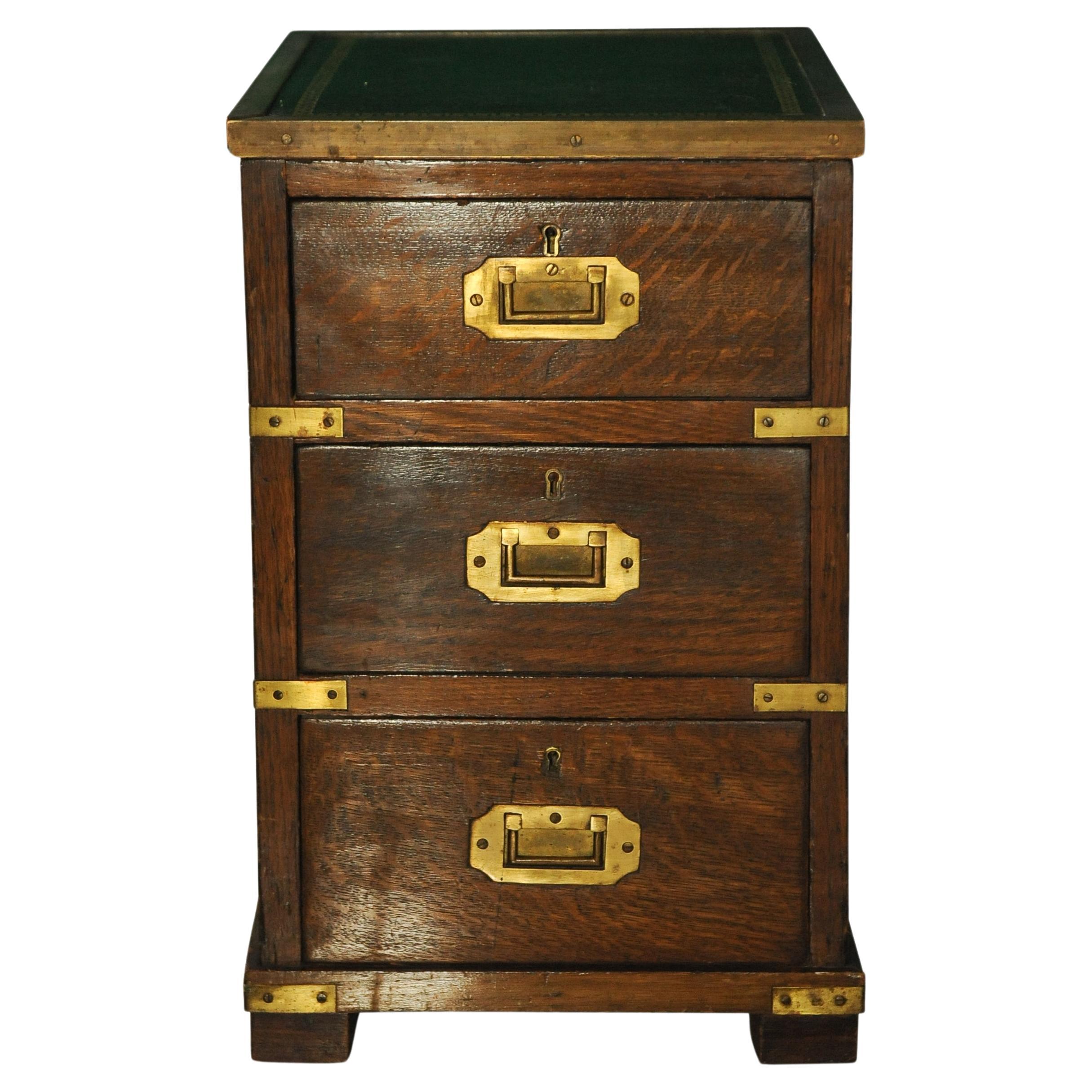 Victorian Military Campaign Chest / Cabinet  Green Leather & Brass Tooled Top