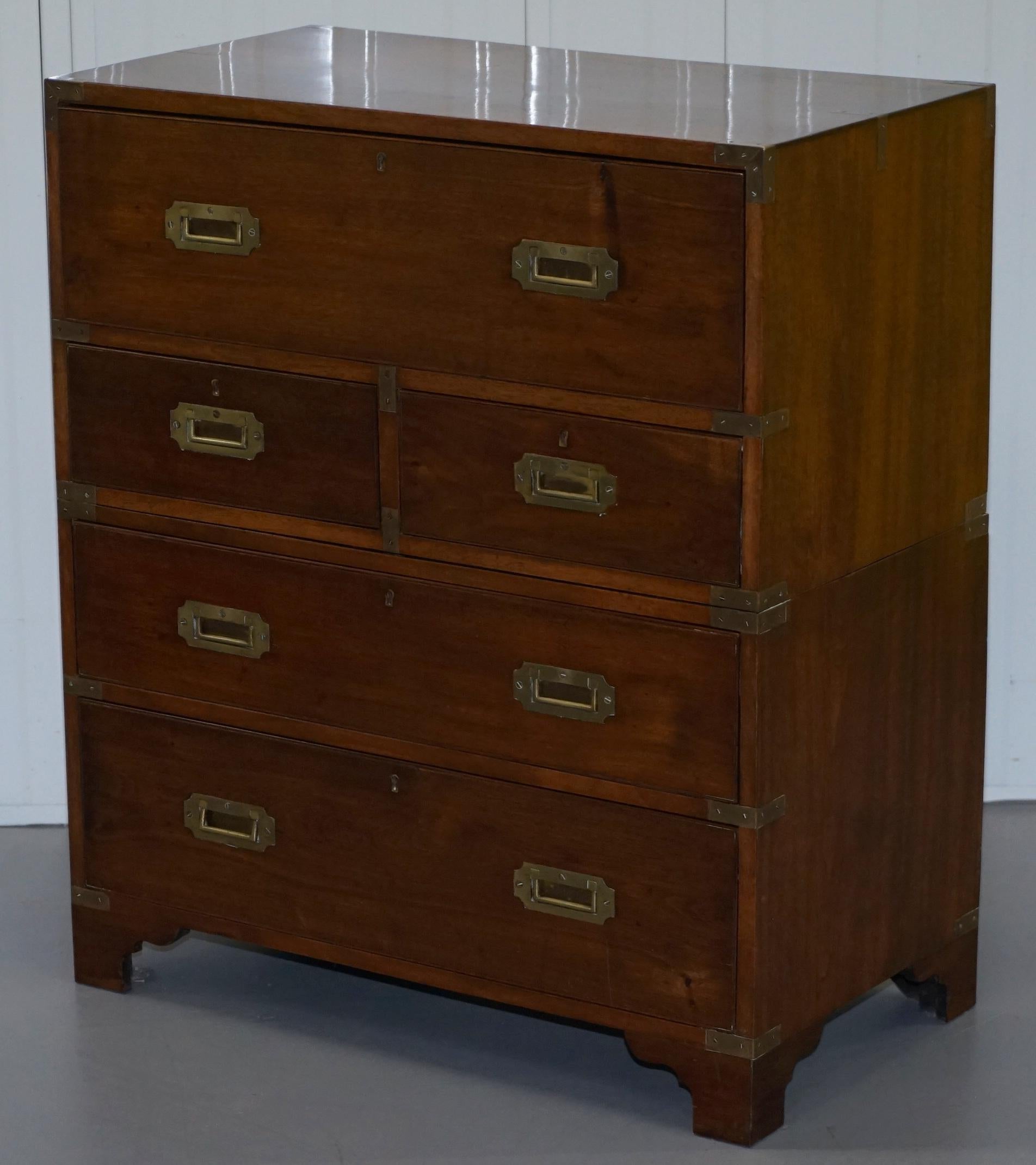 Hand-Crafted Victorian Military Campaign Chest of Drawers Built in Secrataire Drop Front Desk