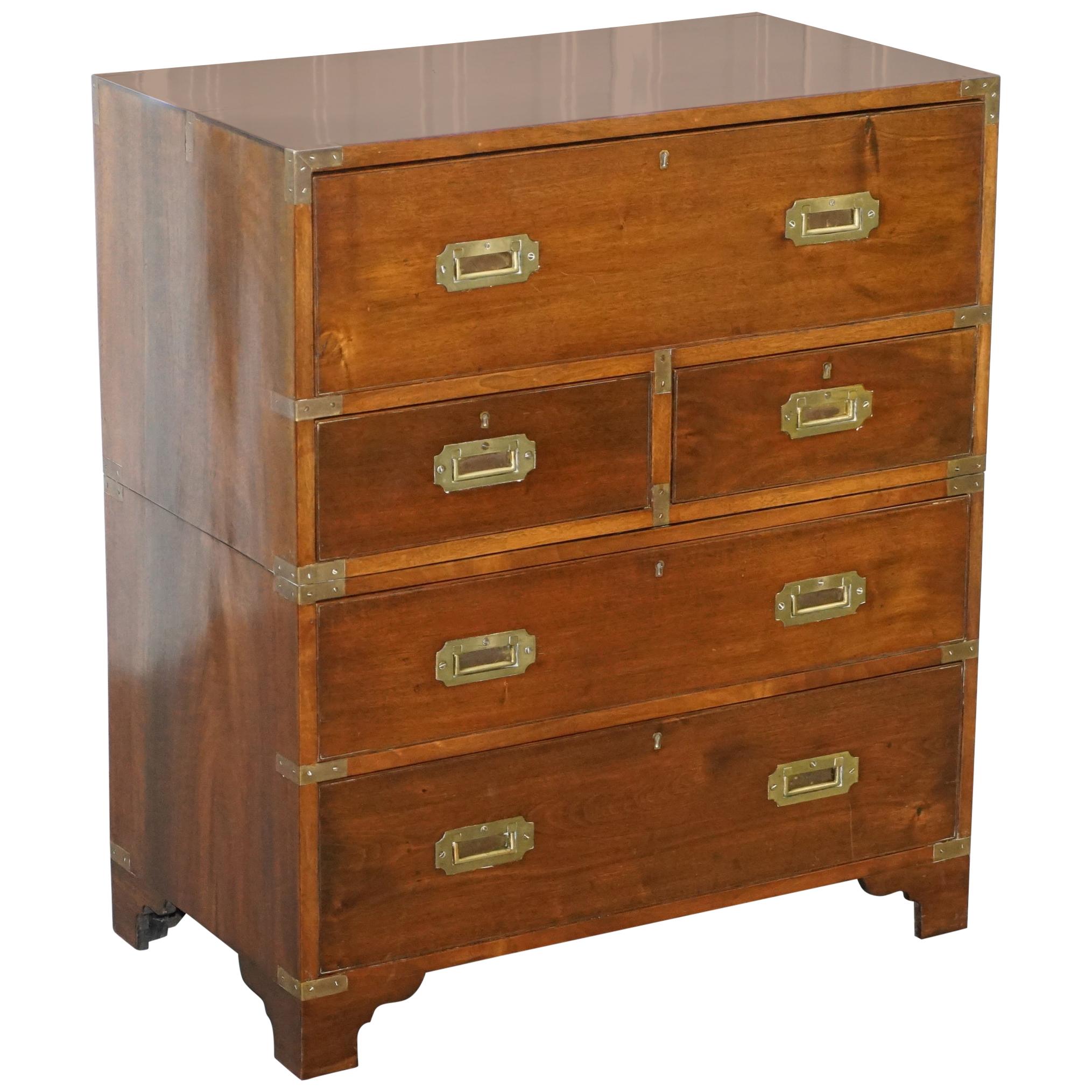Victorian Military Campaign Chest of Drawers Built in Secrataire Drop Front Desk