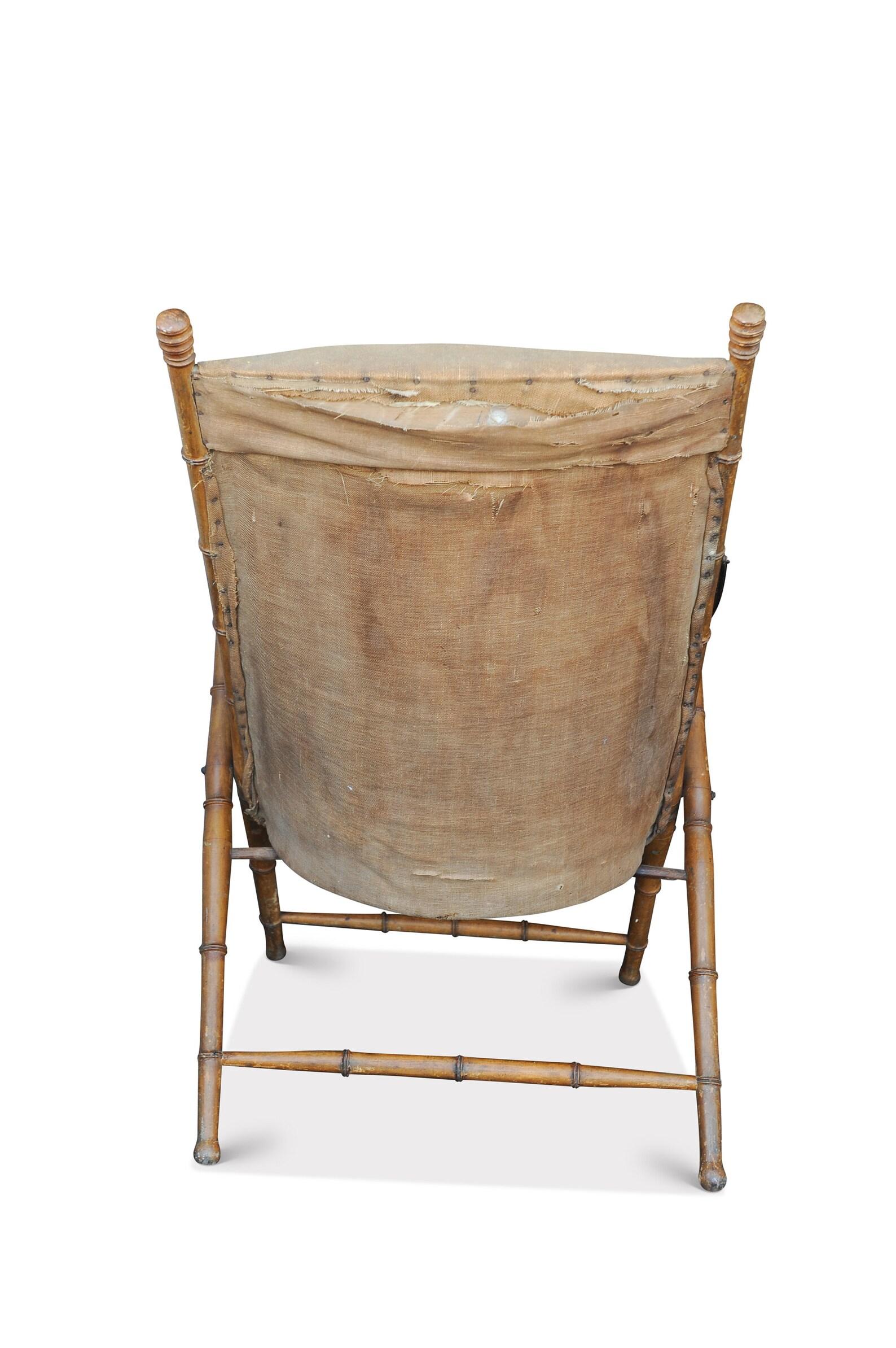 Victorian Military Campaigner Folding Faux Bambus bestickt Safari Canvas Stuhl (Britisch) im Angebot