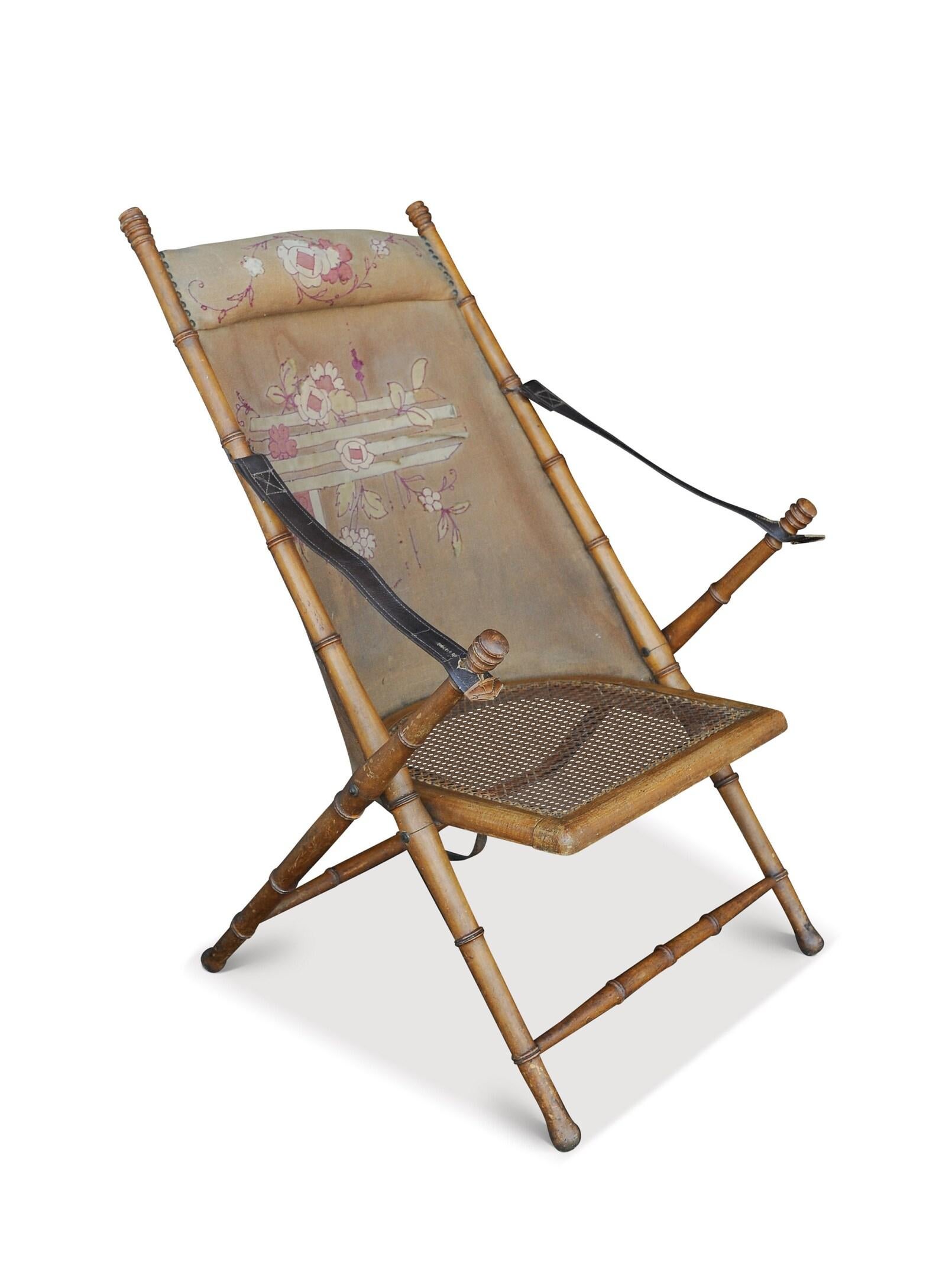 British Colonial Victorian Military Campaign Folding Faux Bamboo Embroidered Safari Canvas Chair For Sale