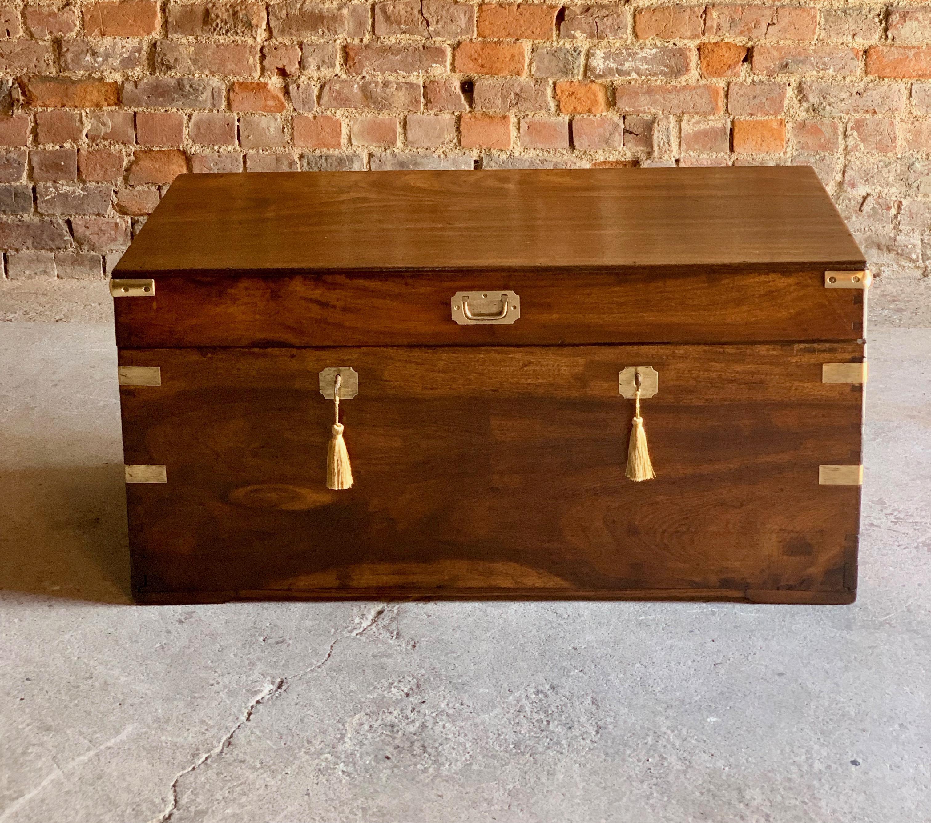 Victorian Military Campaign trunk chest teak camphor wood (circa 1850) number 25

Mid-19th century Victorian Anglo-Indian Colonial teak and camphor wood lined Campaign trunk circa 1850, (Number 25) The rectangular hinge lidded top with brass