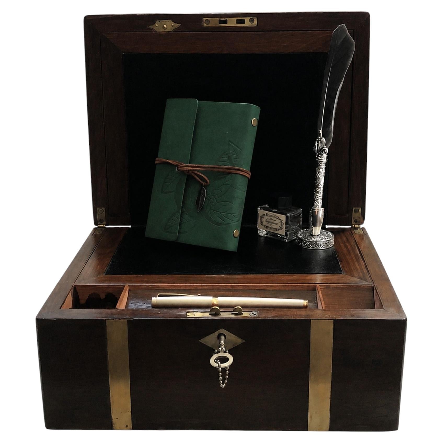 Victorian Military Campaign Walnut Writing Slope Black Leather Skiver