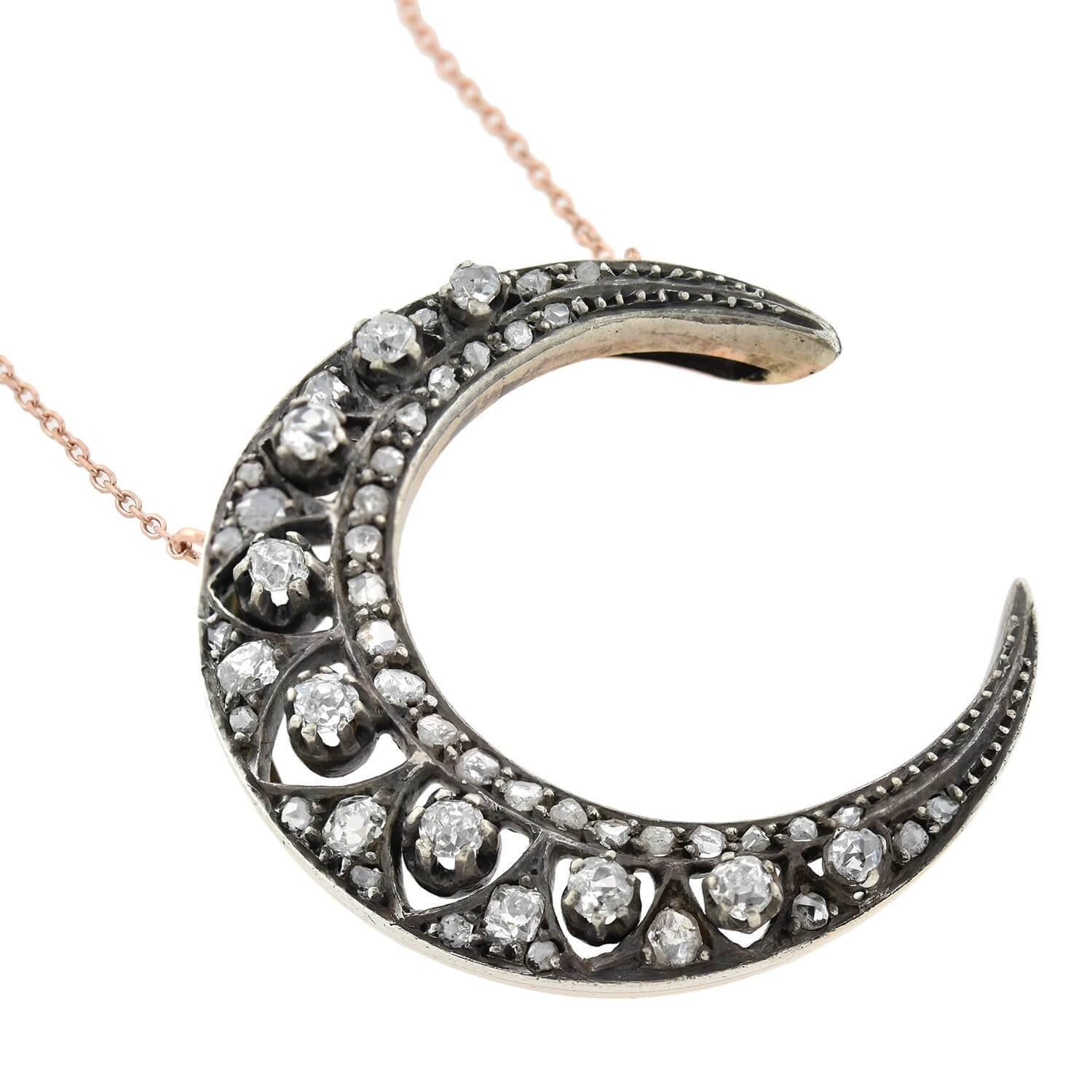 Victorian Mine and Rose Cut Diamond Crescent Necklace 1.20ctw In Good Condition In Narberth, PA
