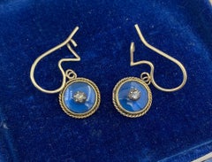 Victorian Mine Cut Diamond Enamel Earrings 14 Karat Gold Dangle Drop Earrings