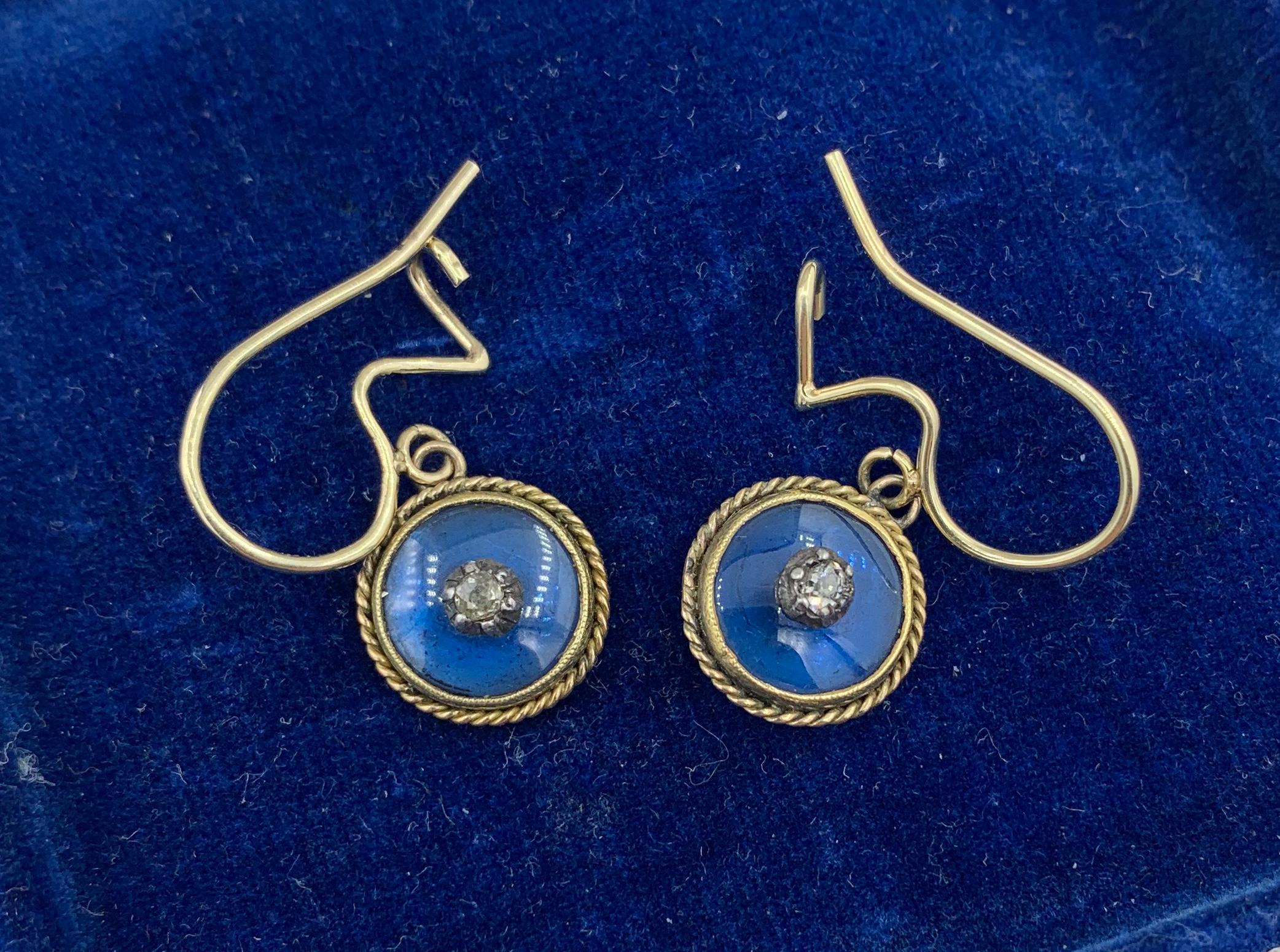 Victorian Mine Cut Diamond Enamel Earrings 14 Karat Gold Dangle Drop Earrings In Good Condition For Sale In New York, NY