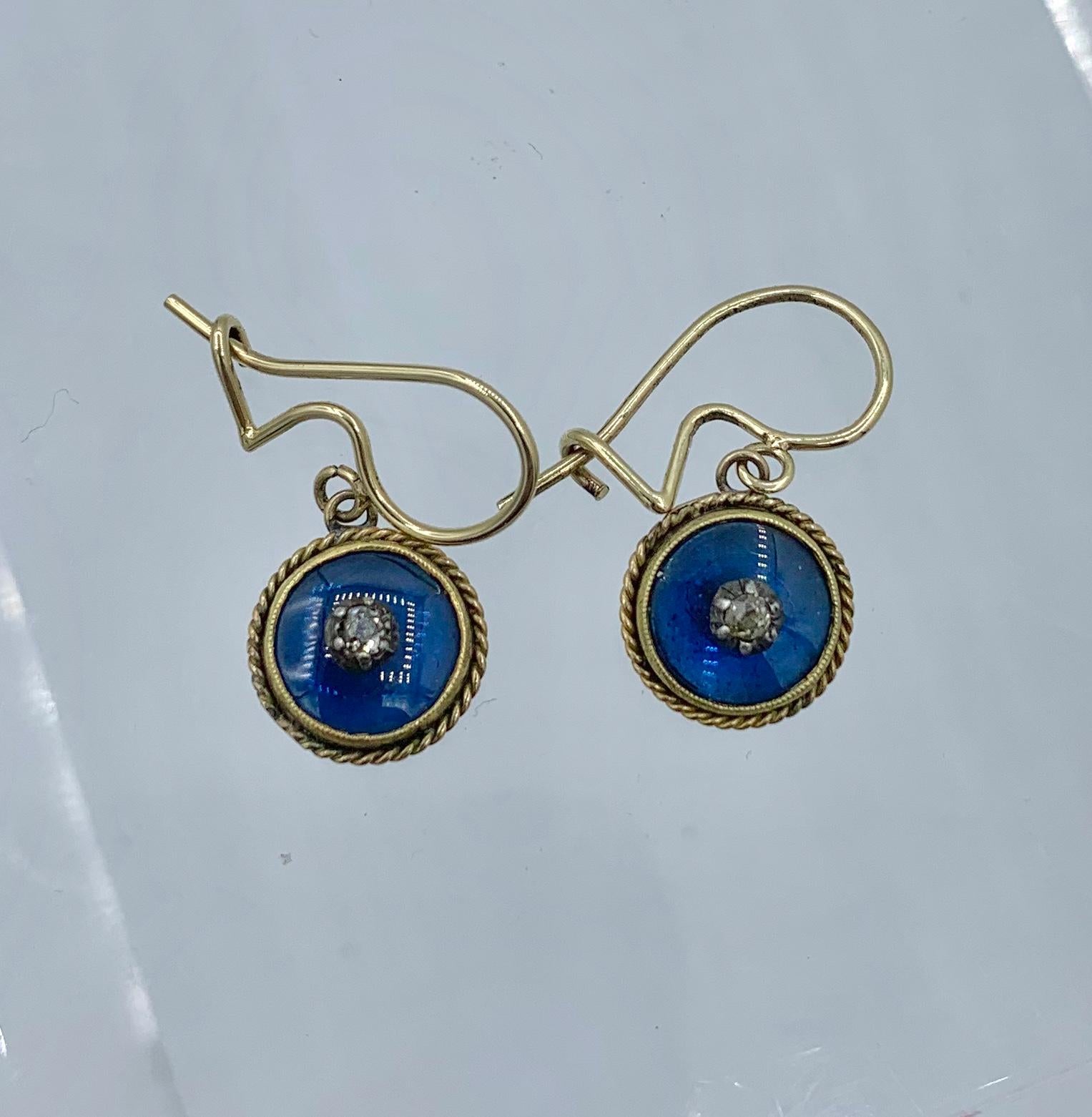 Women's Victorian Mine Cut Diamond Enamel Earrings 14 Karat Gold Dangle Drop Earrings For Sale