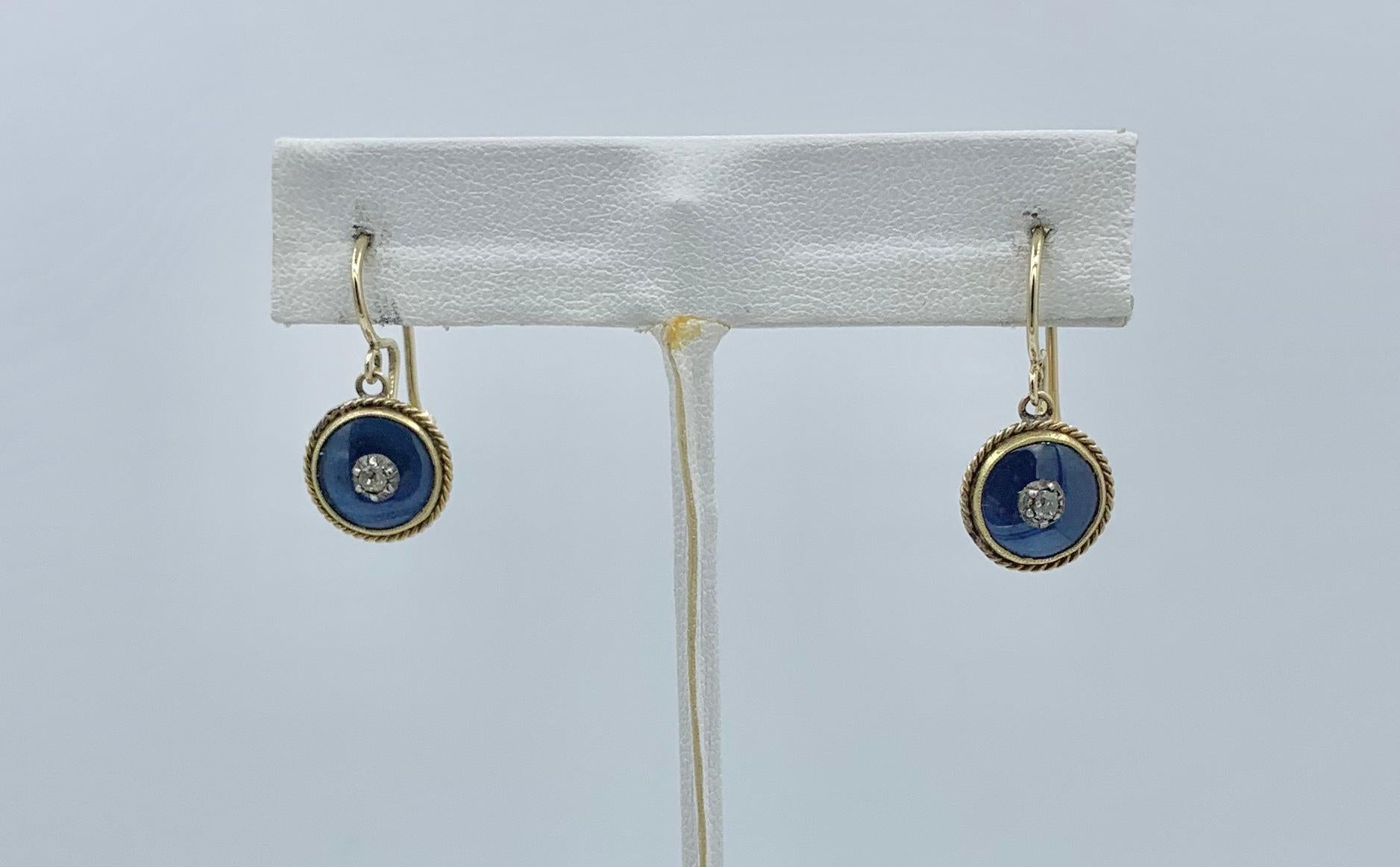 Victorian Mine Cut Diamond Enamel Earrings 14 Karat Gold Dangle Drop Earrings For Sale 2