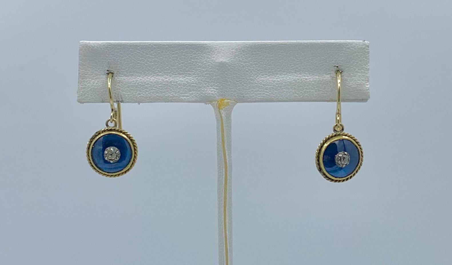 Victorian Mine Cut Diamond Enamel Earrings 14 Karat Gold Dangle Drop Earrings For Sale 3