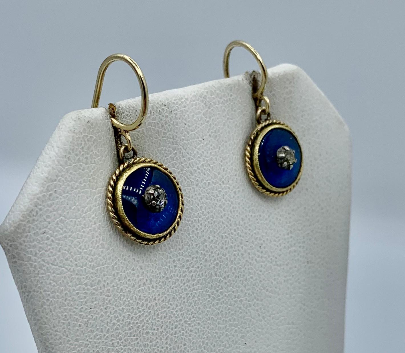 Victorian Mine Cut Diamond Enamel Earrings 14 Karat Gold Dangle Drop Earrings For Sale 4