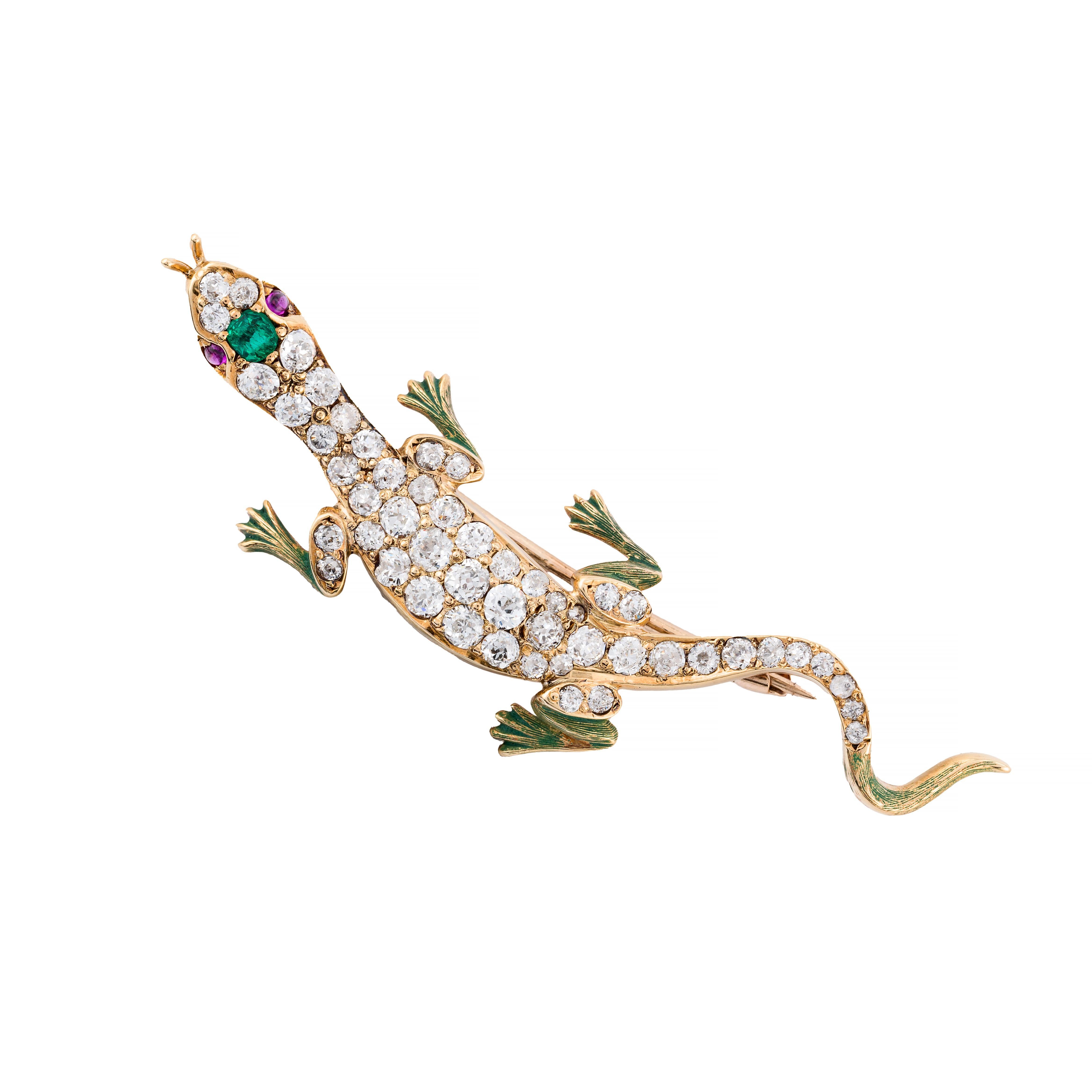 Victorian Mine Cut Diamant & Emaille Eidechse Brosche in 14 Karat Gelbgold (Viktorianisch) im Angebot