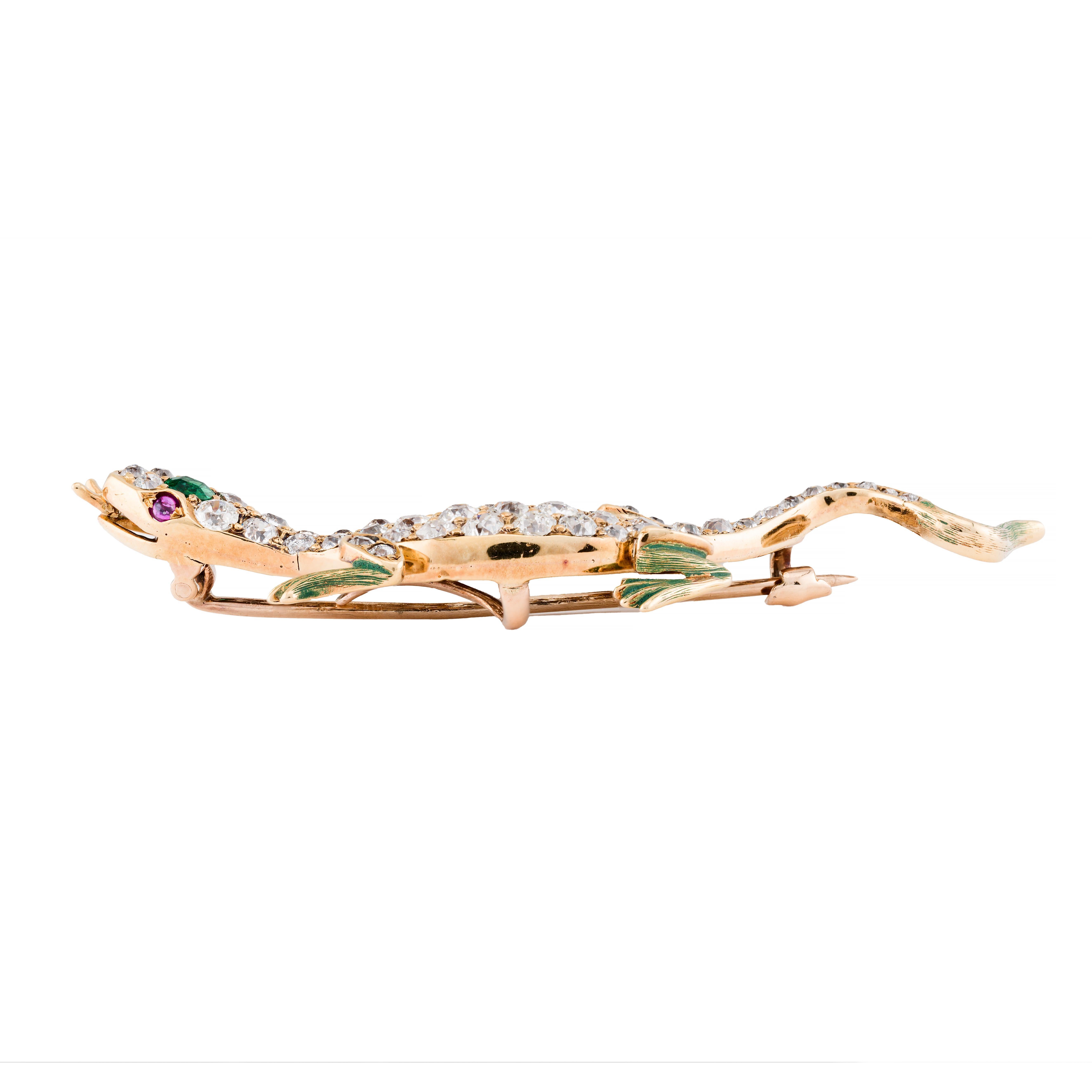 Victorian Mine Cut Diamant & Emaille Eidechse Brosche in 14 Karat Gelbgold (Alteuropäischer Brillantschliff) im Angebot