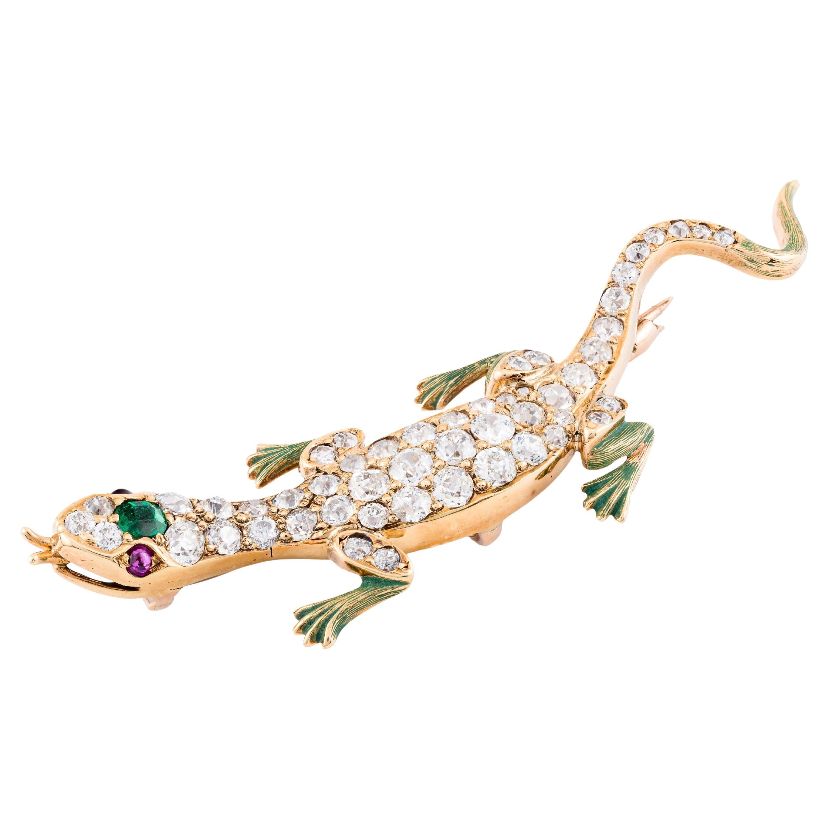 Victorian Mine Cut Diamant & Emaille Eidechse Brosche in 14 Karat Gelbgold im Angebot