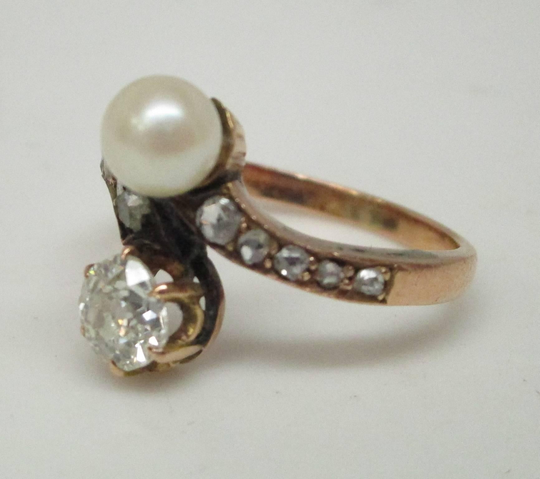 Late Victorian Victorian Mine Cut Diamond Pearl Bypass Yellow Gold Engagement Ring