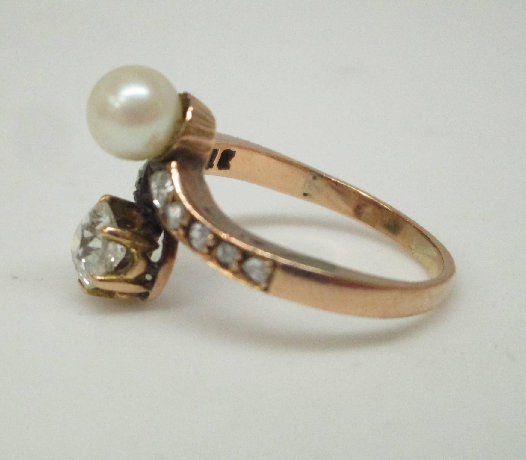 Old Mine Cut Victorian Mine Cut Diamond Pearl Bypass Yellow Gold Engagement Ring