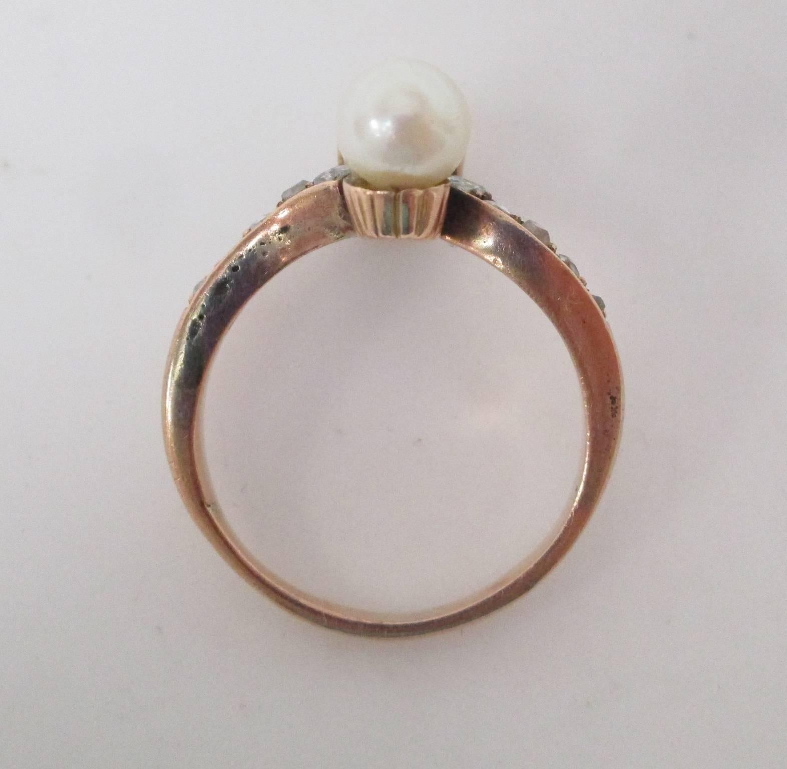 Victorian Mine Cut Diamond Pearl Bypass Yellow Gold Engagement Ring In Good Condition In Lexington, KY