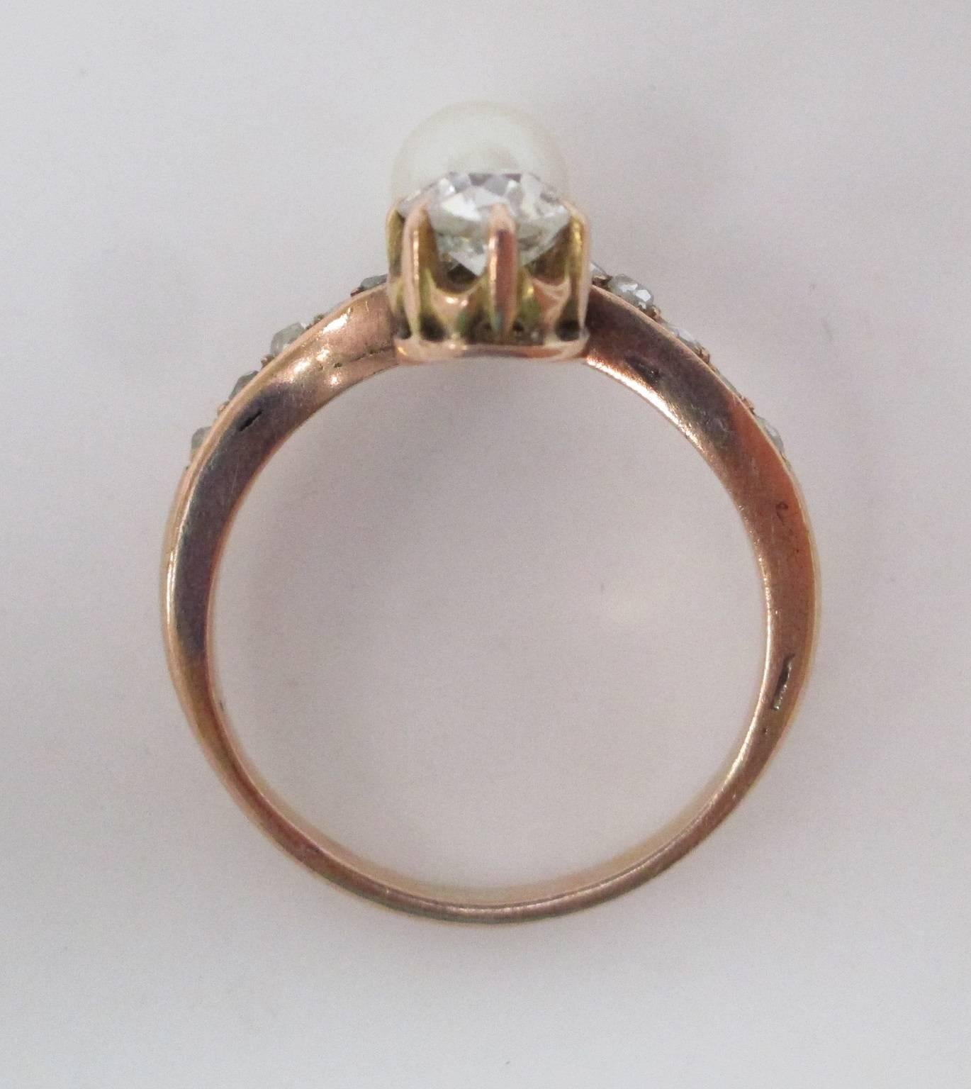 Women's Victorian Mine Cut Diamond Pearl Bypass Yellow Gold Engagement Ring