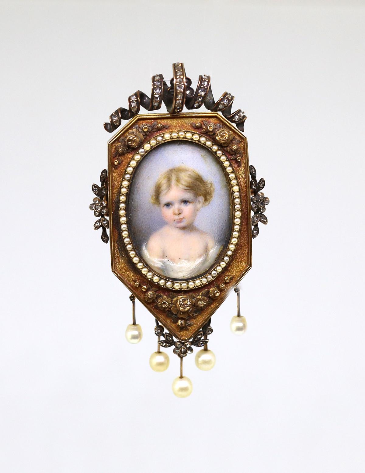 Fine antique Victorian Gold brooch with a miniature painting of a young girl. Outstanding quality item. Circa 1872, England. Top of the geometrically shaped brooch is decorated with a delicate ribbon incorporating tiny old cut diamonds. A row of