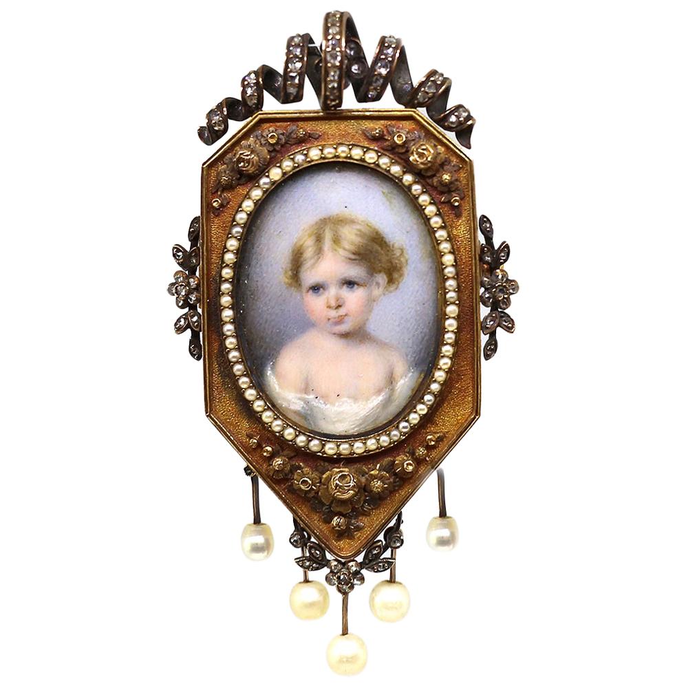 Victorian Miniature Painting Gold Pearls Brooch Pin 1870 England