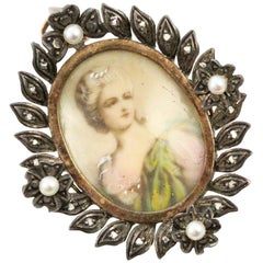 Colgante/broche victoriano con retrato en miniatura en plata y oro de 18 quilates