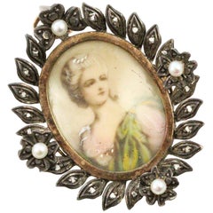 Vintage Victorian Miniature Portrait Pendant/Brooch Set in Silver and 18 Karat Gold