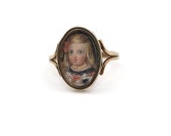 Viktorianischer Miniaturporträt-Ring aus Gold, handbemalt, 1880