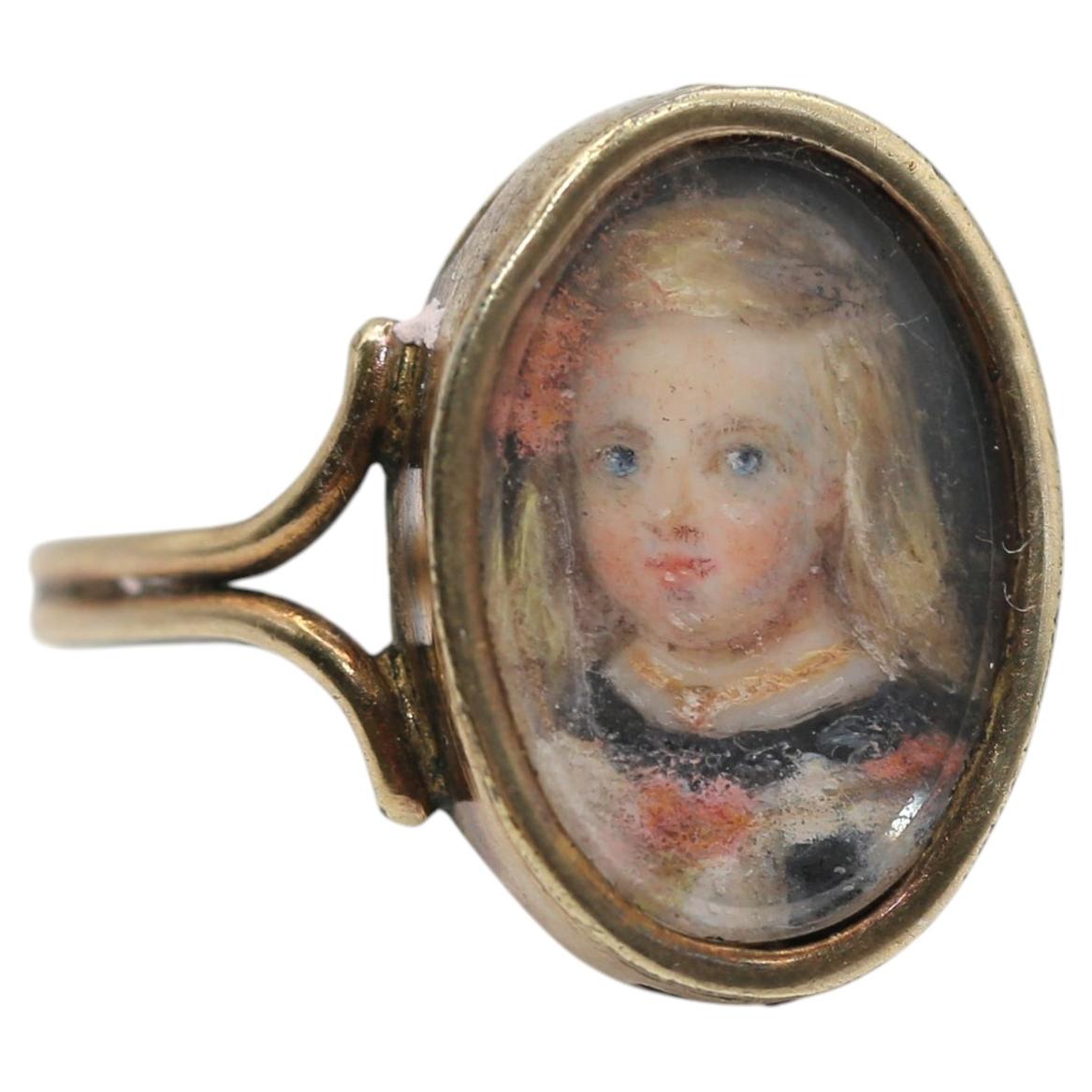 Viktorianischer Miniaturporträt-Ring aus Gold, handbemalt, 1880 im Angebot