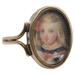 Viktorianischer Miniaturporträt-Ring aus Gold, handbemalt, 1880