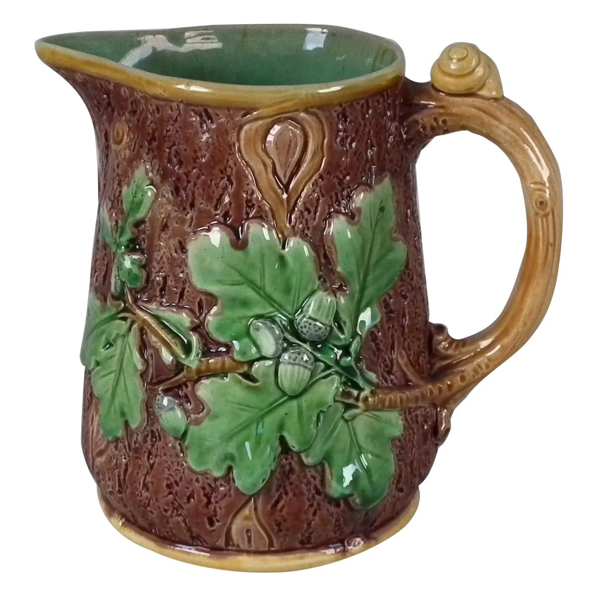 Victorian Minton Majolica Acorn and Snail Jug/Pitcher with Oak Leaves