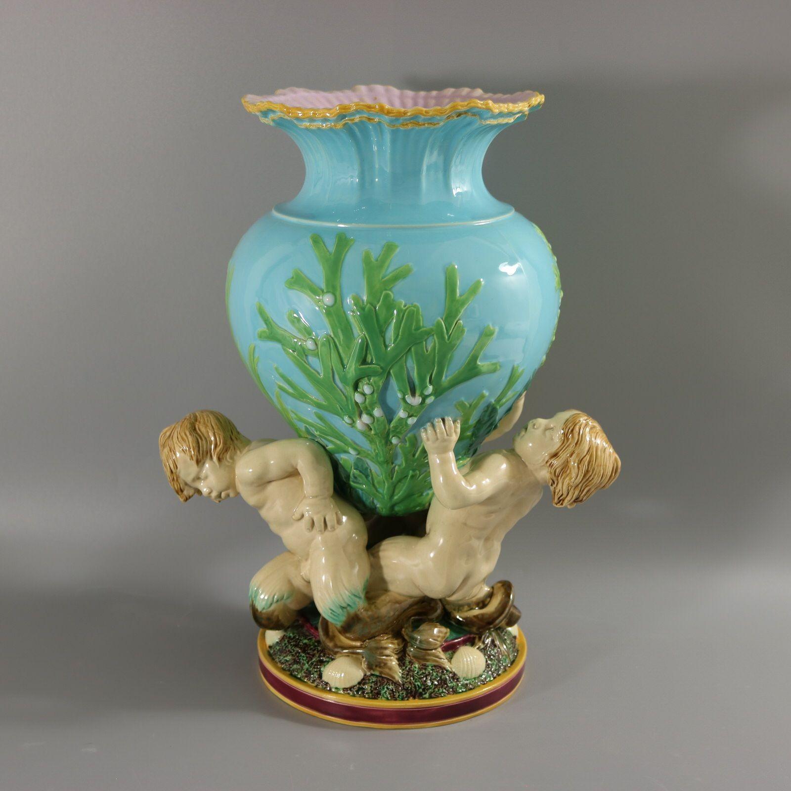 English Victorian Minton Majolica Marine Vase with Merboys For Sale