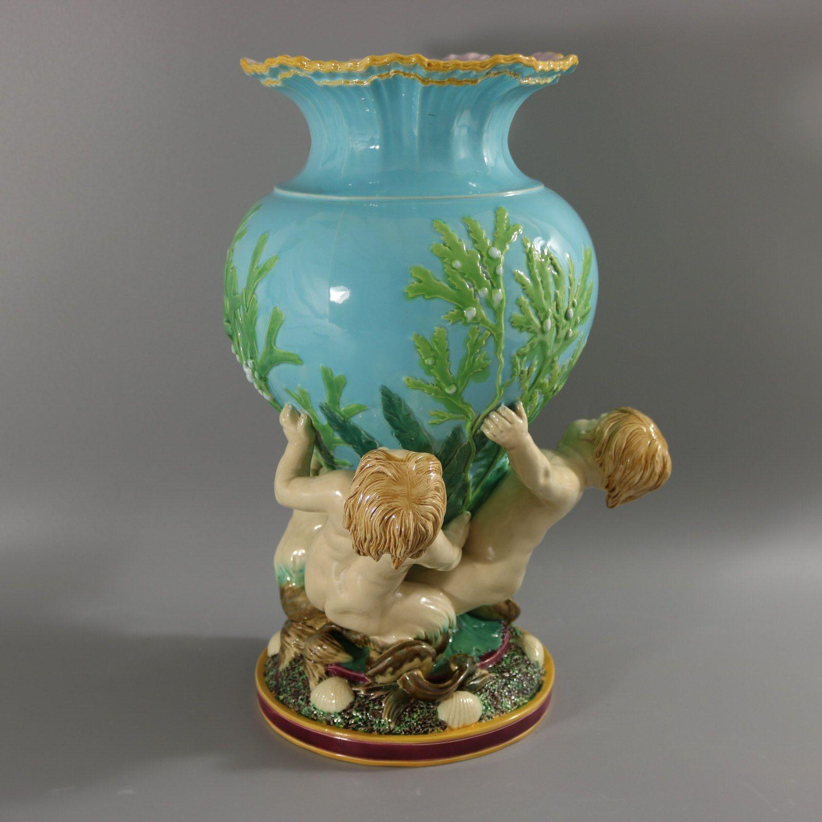 Victorian Minton Majolica Marine Vase with Merboys In Good Condition For Sale In Chelmsford, Essex