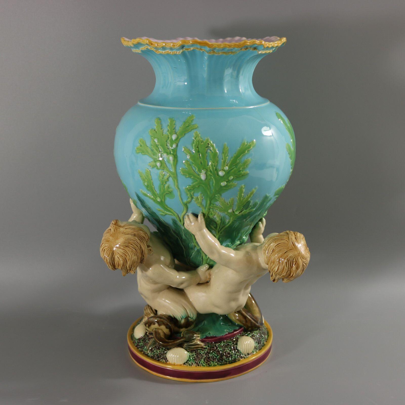 Mid-19th Century Victorian Minton Majolica Marine Vase with Merboys For Sale
