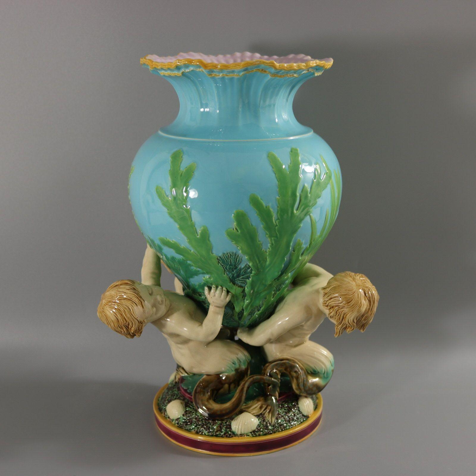 Victorian Minton Majolica Marine Vase with Merboys For Sale 2