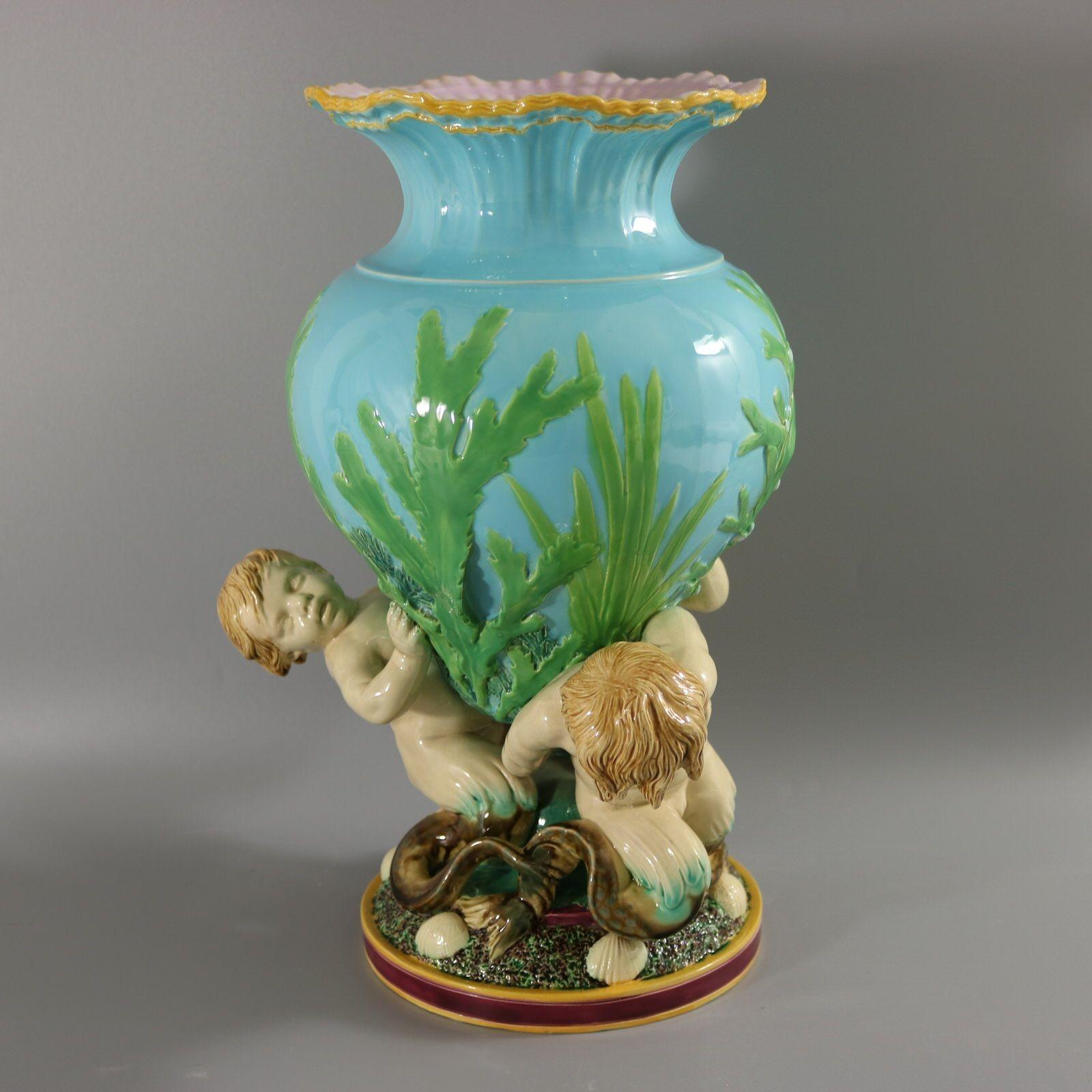 Victorian Minton Majolica Marine Vase with Merboys For Sale 3