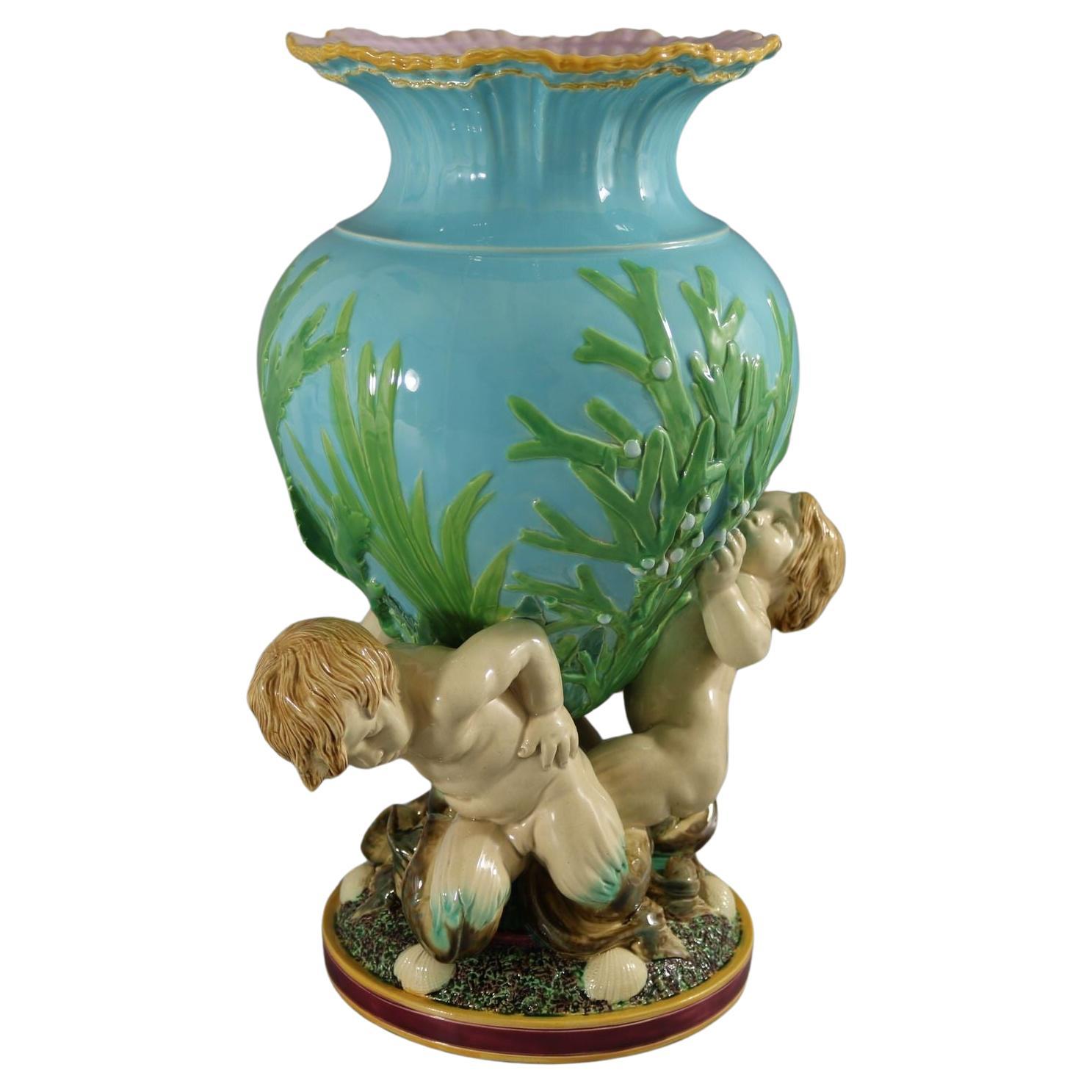 Victorian Minton Majolica Marine Vase with Merboys