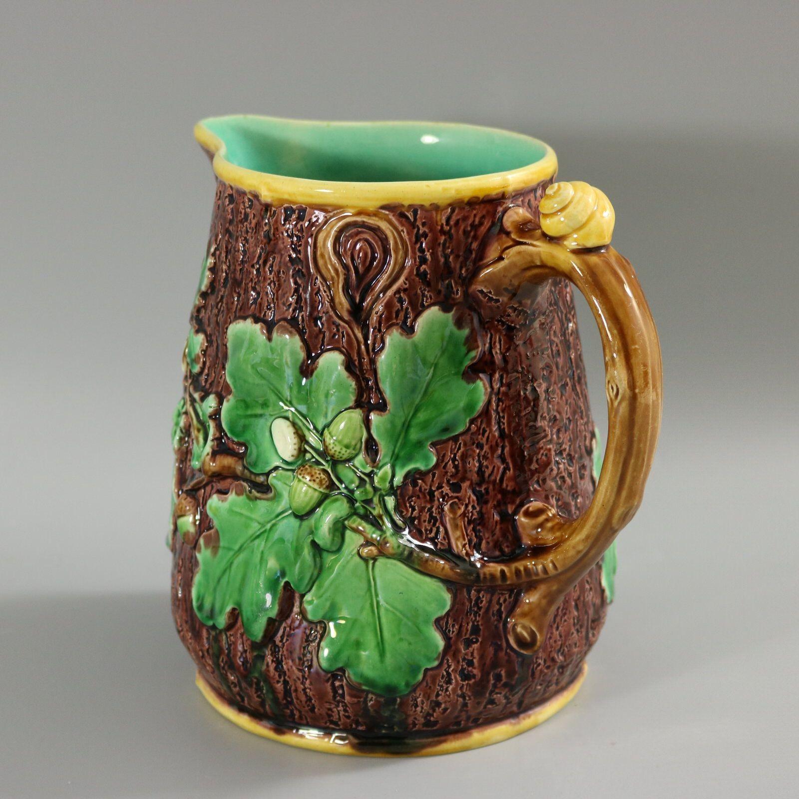 English Victorian Minton Majolica Oak Jug/Pitcher with Snail Handle For Sale