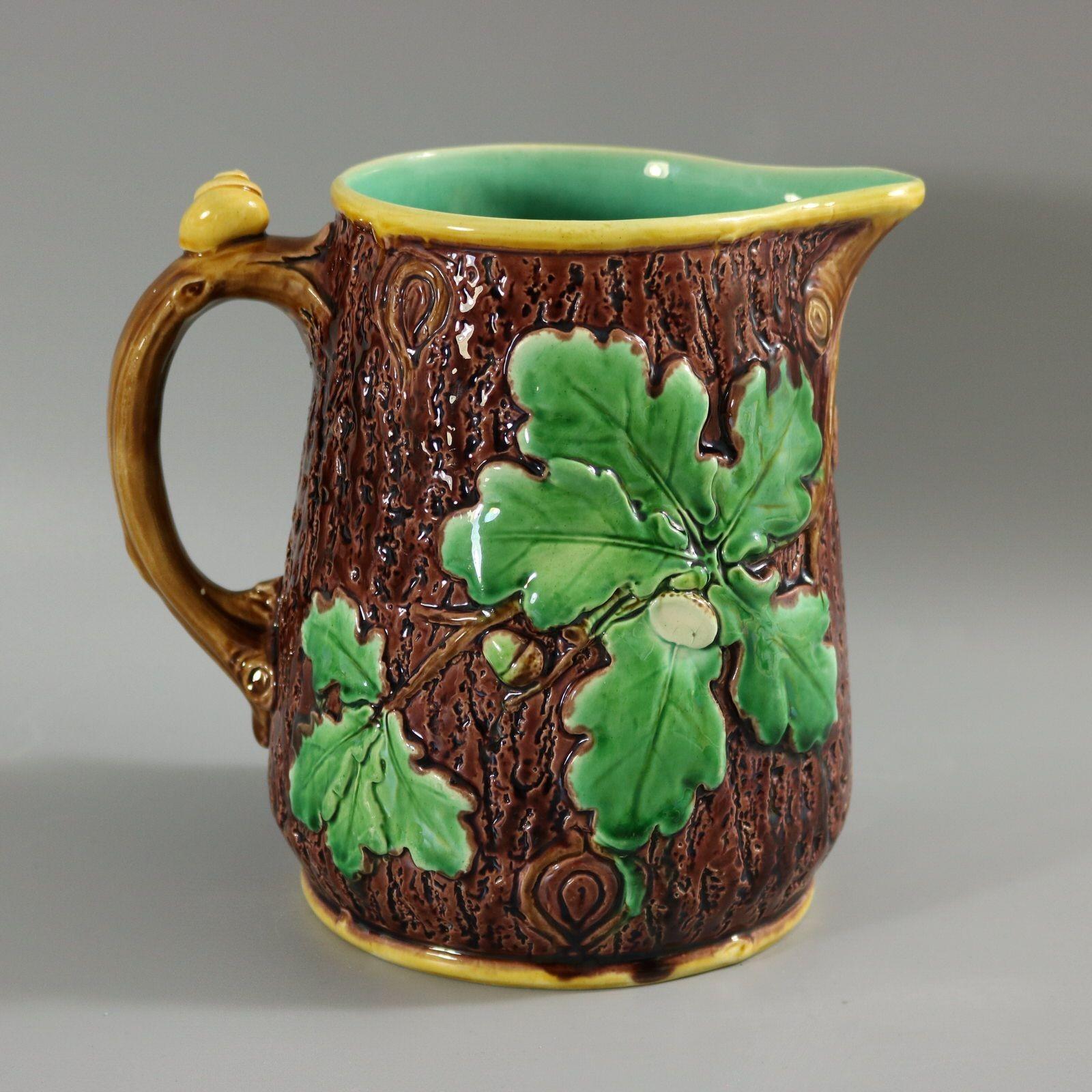 Victorian Minton Majolica Oak Jug/Pitcher with Snail Handle For Sale 1