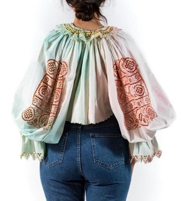 Gray Victorian Mixed Pastels Linen Hand-Embroidered & Dyed Blouse For Sale