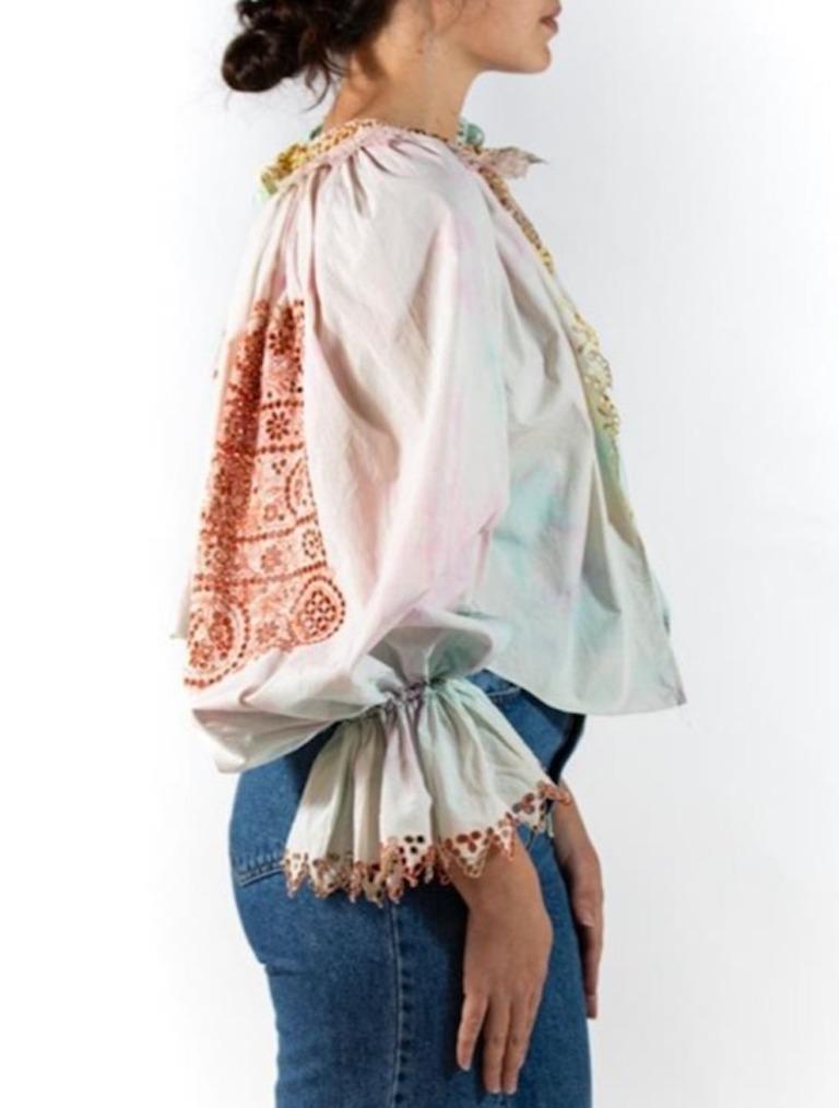 Victorian Mixed Pastels Linen Hand-Embroidered & Dyed Blouse In Excellent Condition For Sale In New York, NY