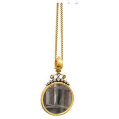 Victorian Monocle Magnifying Glass Diamonds Gold Pendant Necklace