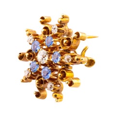 Victorian Montana Sapphire & Mine Cut Diamond Star Pendant Brooch in Yellow Gold