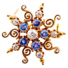Victorian Montana Sapphire & Mine Cut Diamond Star Pendant Brooch in Yellow Gold