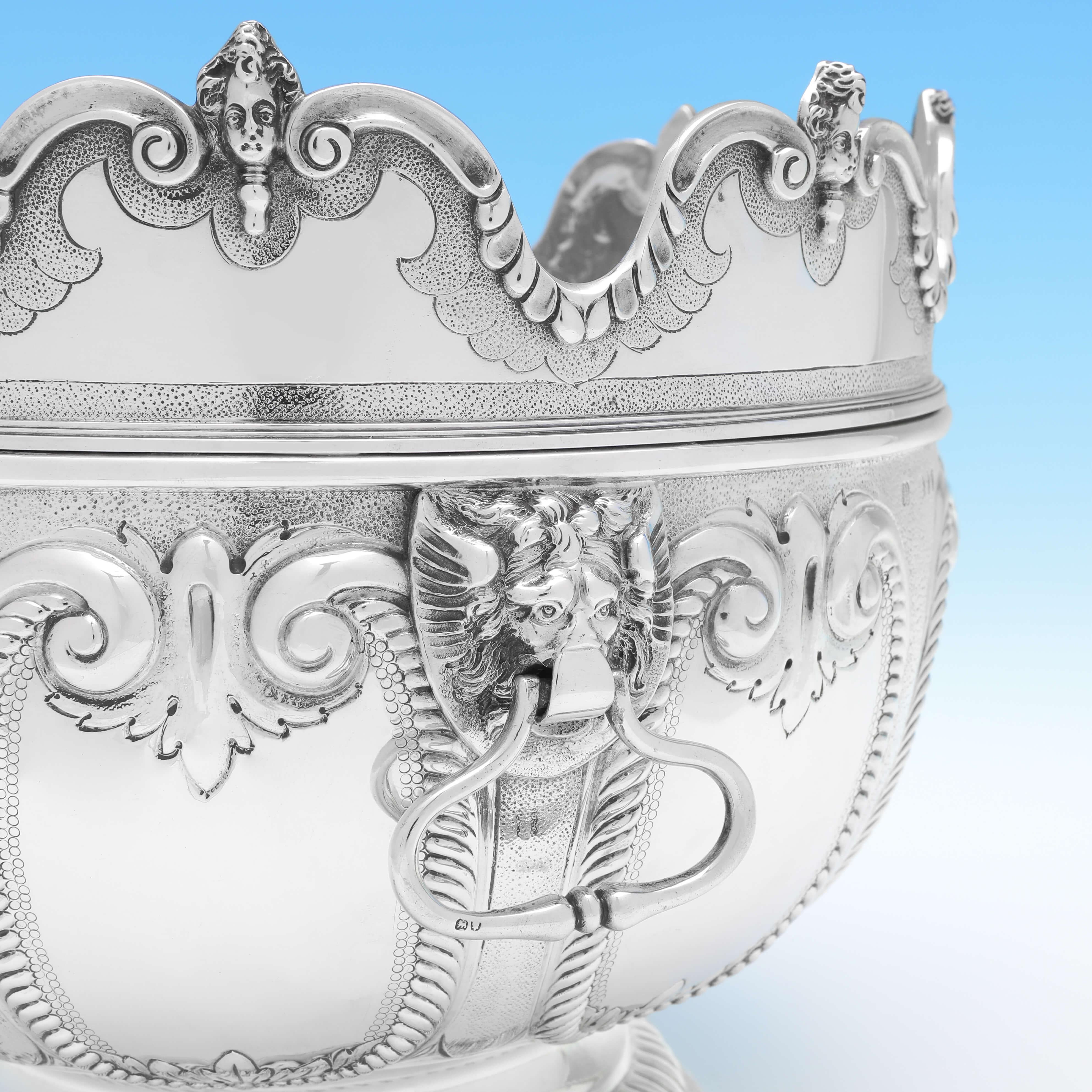 English Victorian 'Monteith' Sterling Silver Bowl Hallmarked in 1890 with Removable Rim For Sale