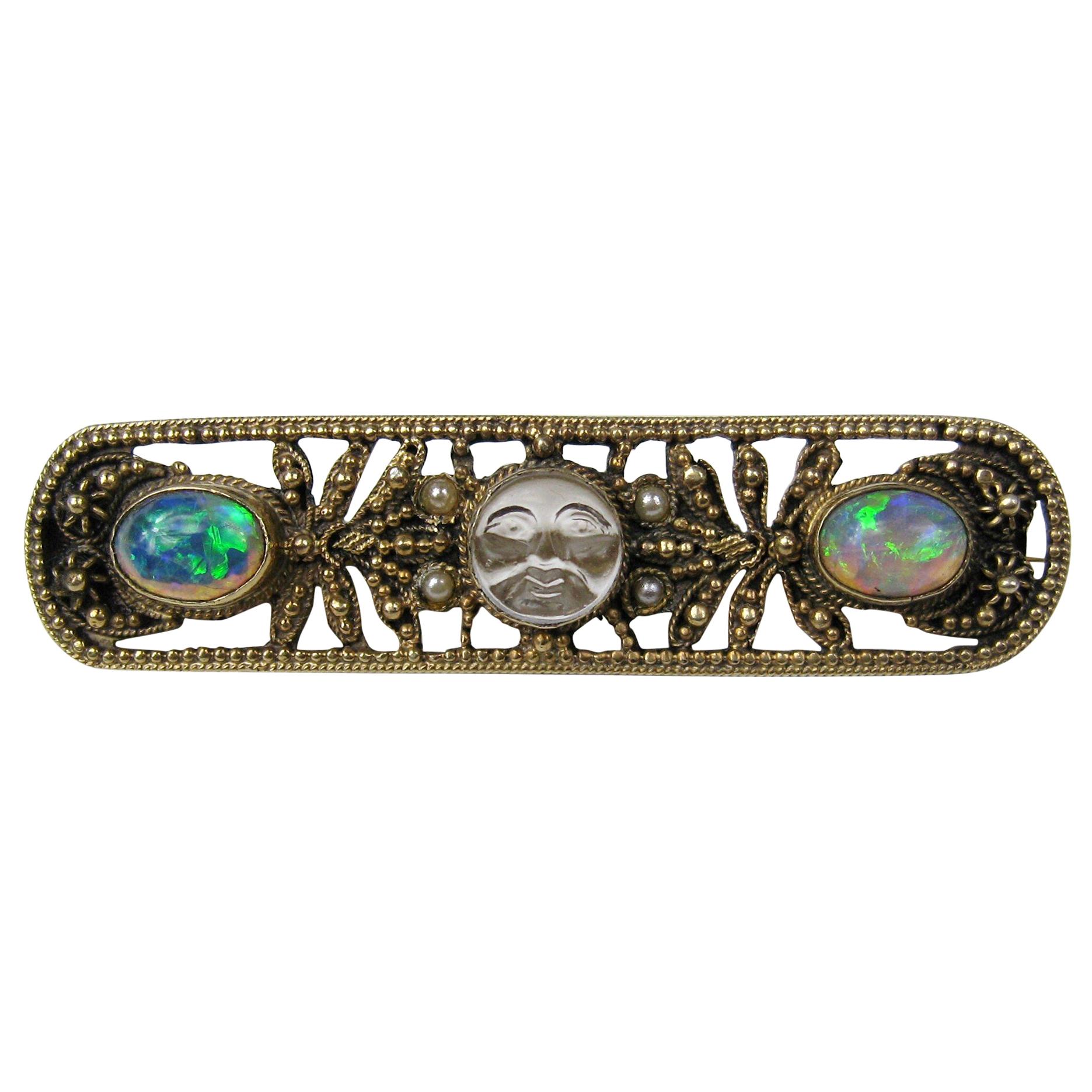 Victorian Moon Face Opal Seed Pearl Saphiret Bar Pin Brooch