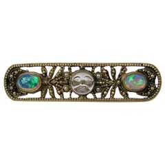 Antique Victorian Moon Face Opal Seed Pearl Saphiret Bar Pin Brooch