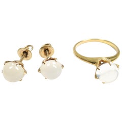 Antique Victorian Moonstone & 10K Gold Solitaire Ring & Earrings Set, 1880s